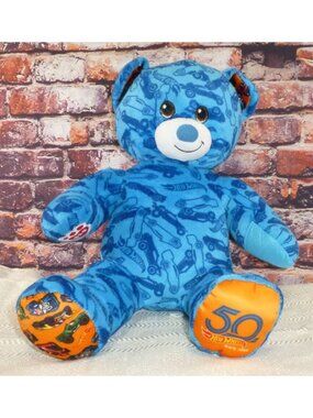 Build-A-Bear Hot Wheels 50th Anniversary Plush Teddy Bear 16" Blue Orange Car Pr